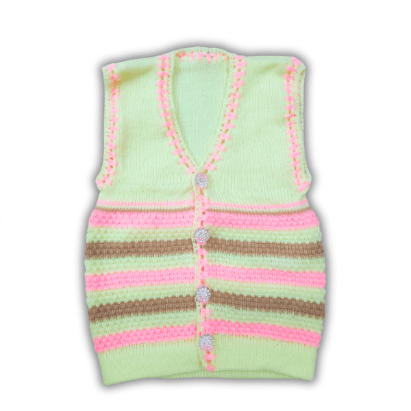 Lemon, Pink, Brown, and White Embroidered Neck and Armhole Hand-Knitted Sweater for Baby Girls and Boys