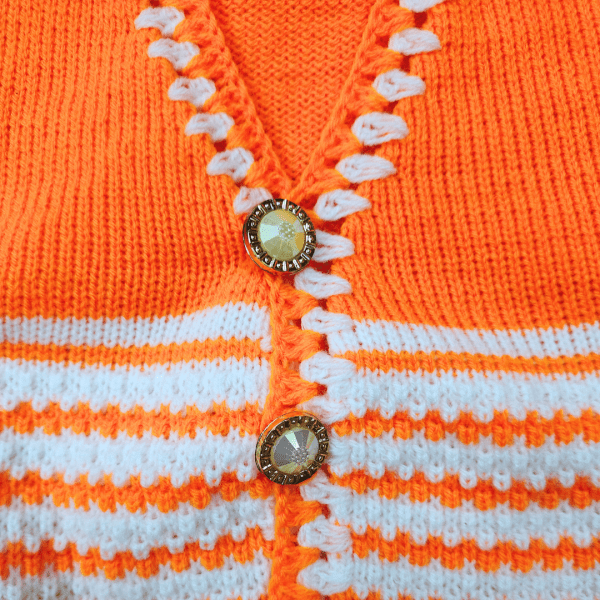 Orange and White Embroidered Neck and Armhole Hand-Knitted Sweater for Baby Girls by Sonai Knitcraft - Image 2