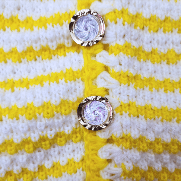 Yellow and White Embroidered Neck and Armhole Hand-Knitted Sweater for Baby Girls - Image 2