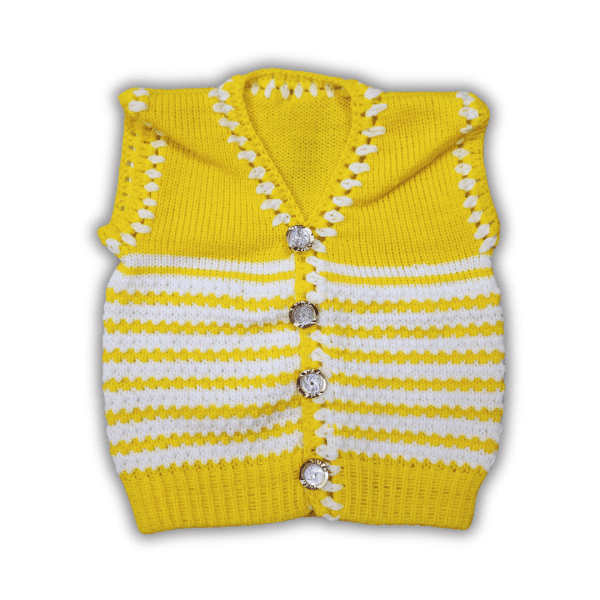 Yellow and White Embroidered Neck and Armhole Hand-Knitted Sweater for Baby Girls