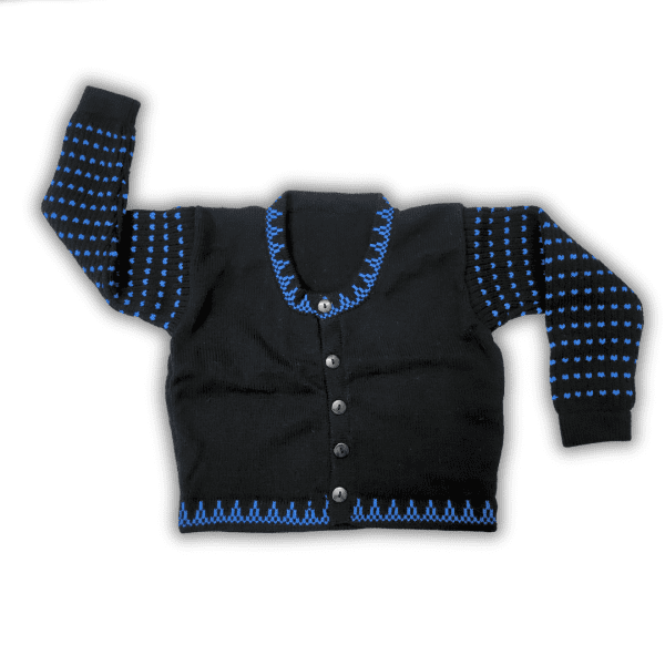 Solid Black Blouse with Blue Patterned Sleeves by Sonai Knitcraft