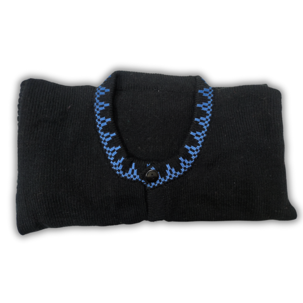 Solid Black Blouse with Blue Patterned Sleeves by Sonai Knitcraft - Image 4