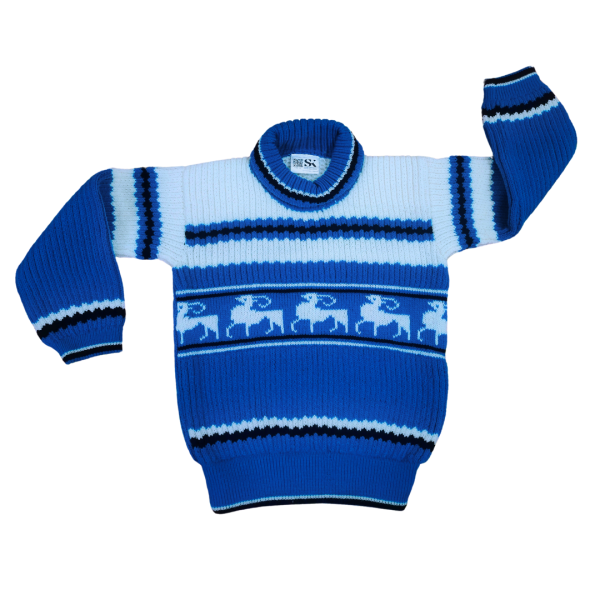 Blue and White Reindeer Design Woolen Sweater for Kids Keep your little ones warm and stylish this winter with the Blue and White Reindeer Design Woolen Sweater for Kids. Crafted with care, this sweater combines festive charm with everyday practicality, making it perfect for chilly weather. 1. Superior Quality Material Made from premium-quality wool, this sweater ensures optimal warmth and comfort for your child. The soft fabric is gentle on delicate skin, providing an itch-free experience. 2. Adorable Reindeer Design The charming reindeer pattern in blue and white adds a festive and playful touch to the sweater, making it perfect for holiday gatherings, school events, or casual outings. 3. Comfortable Fit for Active Kids Designed for an ideal fit, this sweater allows unrestricted movement, keeping kids comfortable throughout their busy day. Chest: 28 inches Length: 18 inches Shoulder: 13 inches 4. Versatile Winter Essential This sweater is a great choice for various occasions, including: School Events: Ideal for winter celebrations. Family Outings: Keeps your child cozy and stylish. Casual Wear: A perfect blend of comfort and charm. 5. Easy Care Instructions To maintain the sweater's softness and vibrant colors: Hand wash with cold water or use a gentle machine cycle. Avoid using bleach or harsh detergents. Dry flat to retain shape. Product Features Color: Blue and White Design: Festive reindeer pattern for a cheerful winter look Material: High-quality wool for warmth and durability Fit: Regular fit for boys and girls Occasion: Suitable for school events, family outings, or casual wear Sleeves: Full sleeves for maximum coverage and warmth Care: Hand wash recommended for longevity Why Choose This Sweater? Durable and Warm: Premium materials ensure your child stays cozy all winter. Festive Design: The reindeer pattern adds a cheerful touch to any outfit. Unisex Style: Perfect for boys and girls, offering a versatile wardrobe option. Comfortable Fit: Designed to keep up with active kids. FAQs 1. Is this sweater suitable for boys and girls? Yes, its unisex design makes it a great choice for both. 2. How do I care for this sweater? Hand washing is recommended to maintain its quality, but it can also be machine-washed on a gentle cycle. 3. Is this sweater lightweight? Yes, it’s warm yet lightweight, making it comfortable for extended wear. Table of Contents Introduction Material & Design Key Features Care Instructions FAQs Internal Links Explore More Kids Sweaters Shop Winter Essentials for Kids