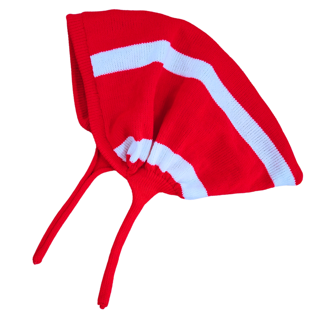 Elegant Red Bou Woolen Tupi with White Stripes for Women – Free Size Winter Fashion