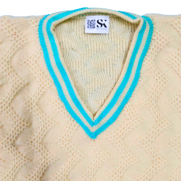Off White and Sea Green Ripped V Neck Pullover Half Sleeve Cotton T-Shirt Pattern Wool Sweater for Men